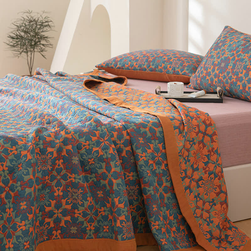 Stile etnico | Quilt in cotone a sei strati con motivo arancione e blu - - Blanket comforter quilts - Concept Palermo