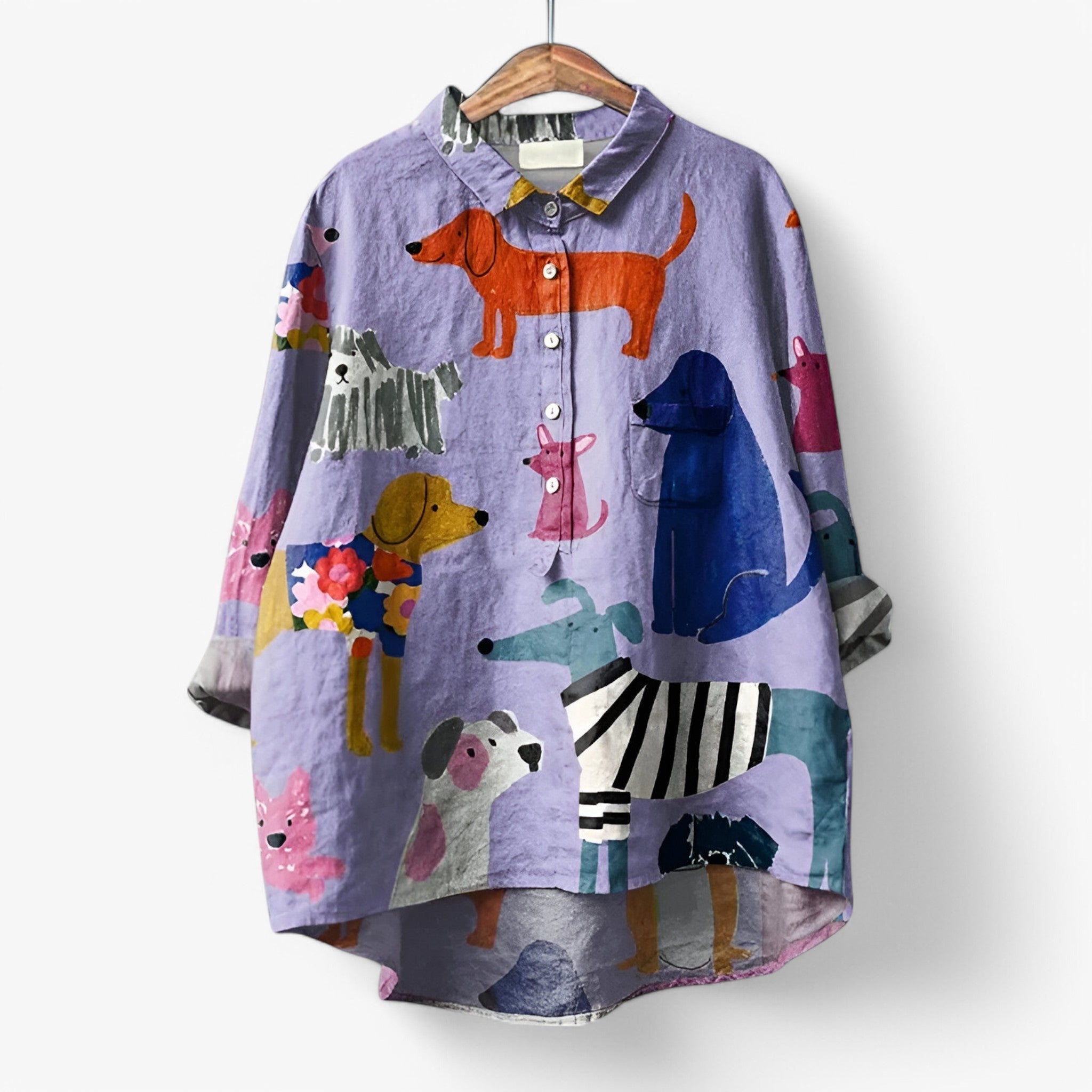 Jane | Camicia con stampa grafica - elegante e accattivante - Cane Viola - camicia con stampa grafica camicia donna camicia moderna look da ufficio moda donna - Concept Palermo