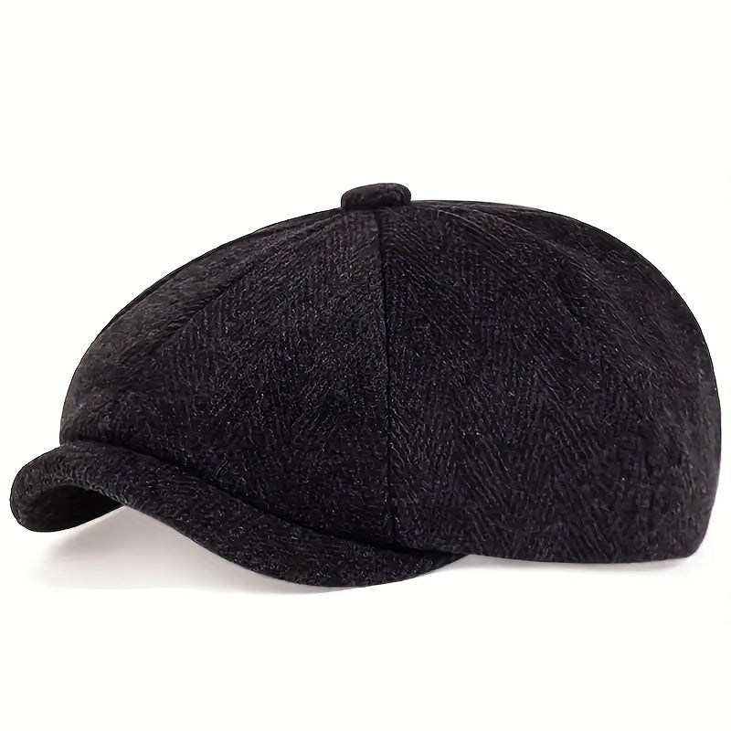 Cappellino retrò con otto pannelli in tessuto tweed a spina di pesce, berretto casual a righe - Tessuto di lana nera - caps hats - Concept Palermo