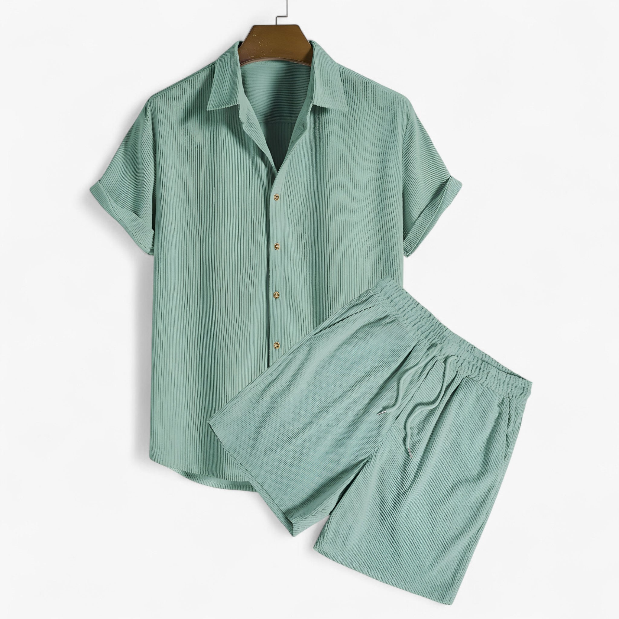 Daryl | Set Estivo da Uomo in Materiale Traspirante - Verde - afslappet stil delt sæt til mænd flerfarvet sæt komfortabelt skab kortærmet skjorte maskinvaskbar tøj slidstærke shorts sommer mode sommertøj til mænd udendørs outfit - Concept Palermo