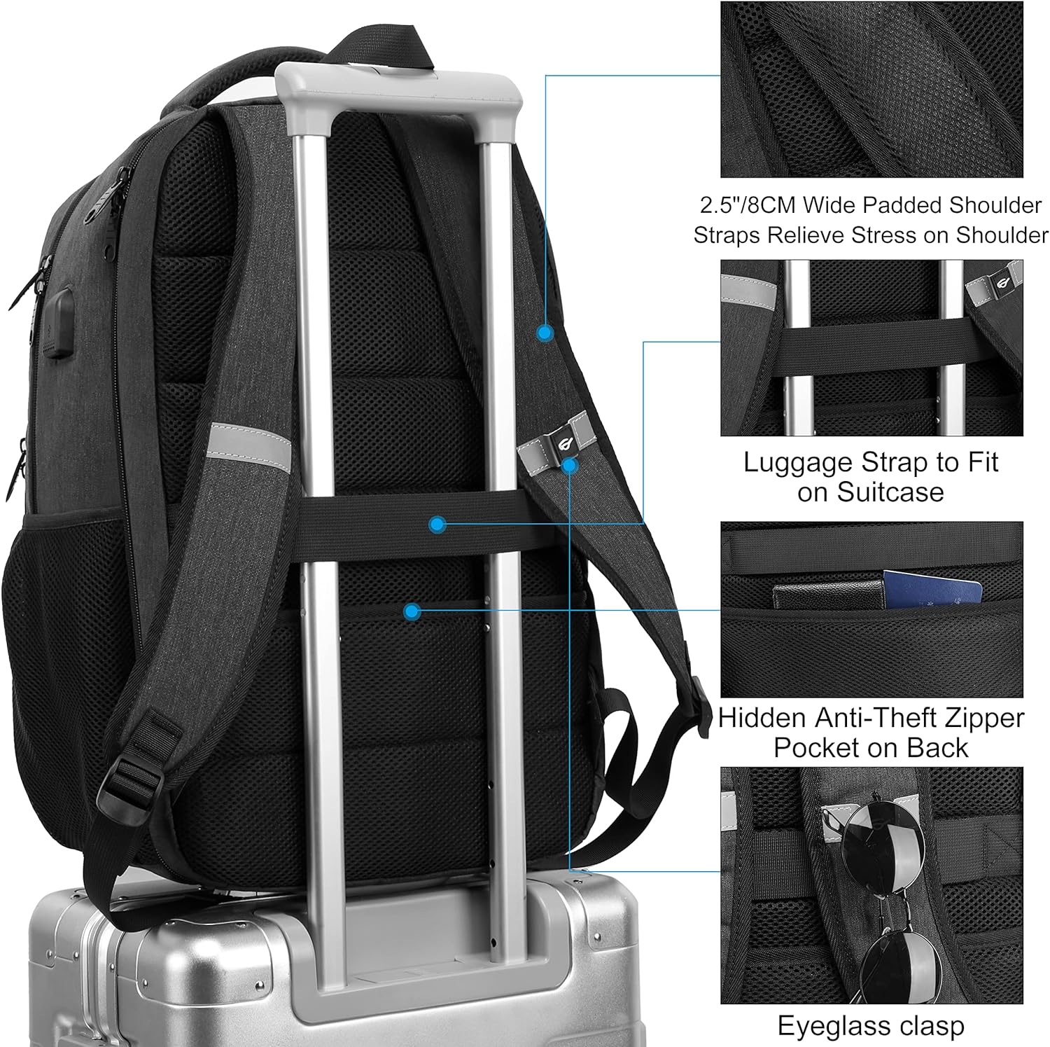 Clara | Zaino per laptop 17,3” - Viaggio TSA, USB, Grigio impermeabile - - - Concept Palermo