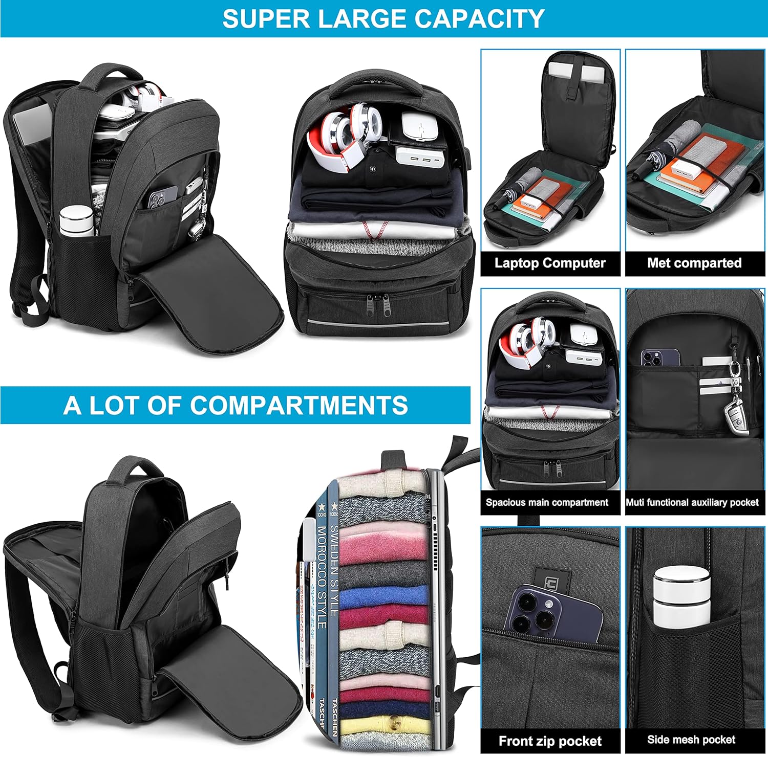 Clara | Zaino per laptop 17,3” - Viaggio TSA, USB, Grigio impermeabile - - - Concept Palermo
