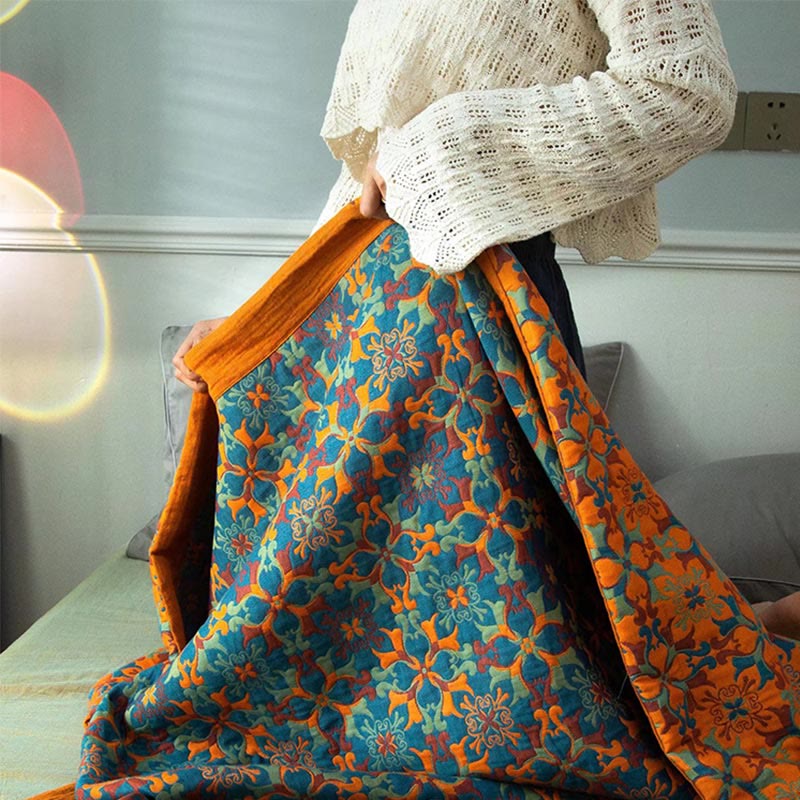 Stile etnico | Quilt in cotone a sei strati con motivo arancione e blu - - Blanket comforter quilts - Concept Palermo