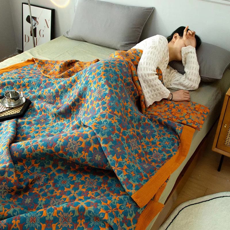 Stile etnico | Quilt in cotone a sei strati con motivo arancione e blu - - Blanket comforter quilts - Concept Palermo