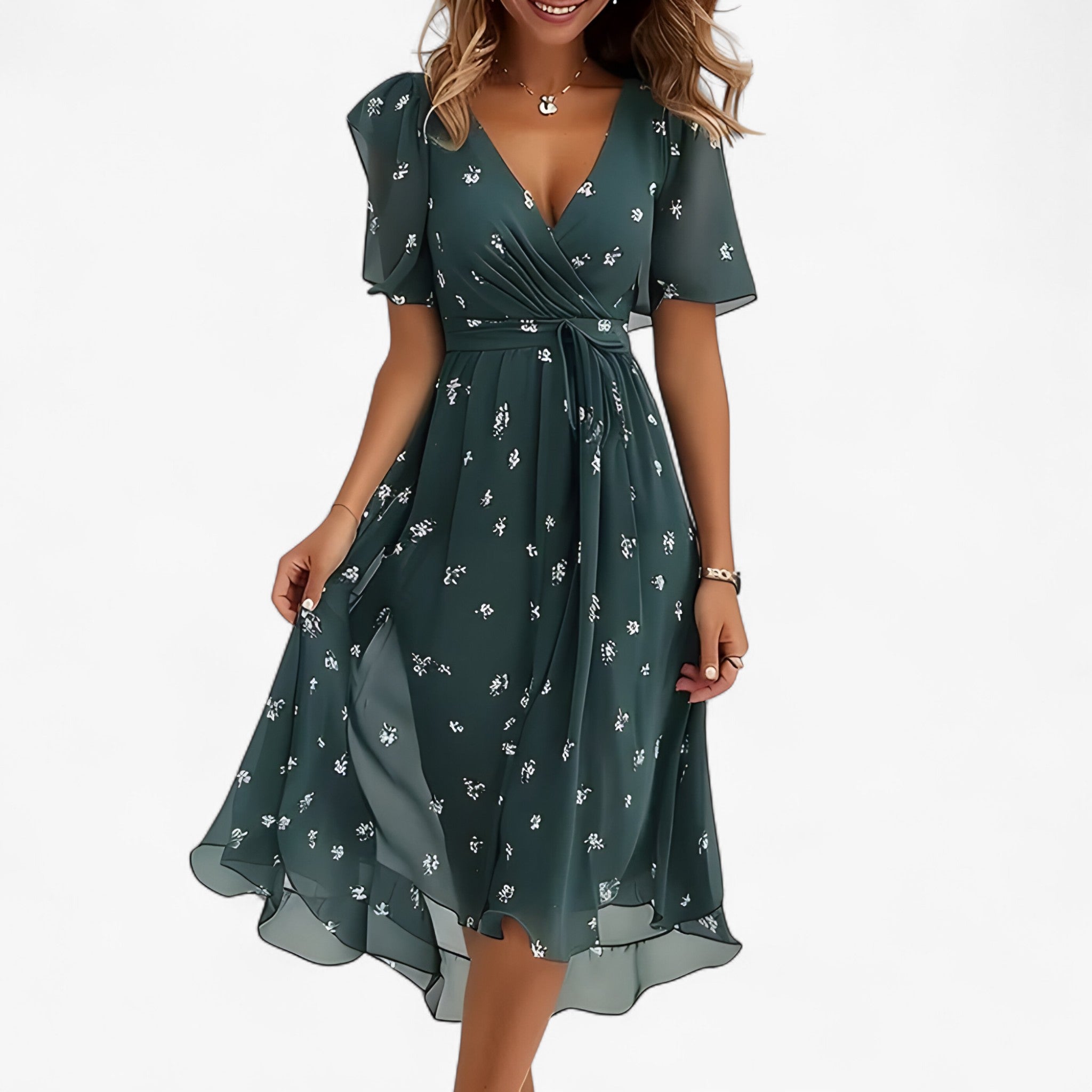Emilia | Elegante abito midi con stampa floreale neutra - Verde - DRESS Dresses female dress floral dresses - Concept Palermo