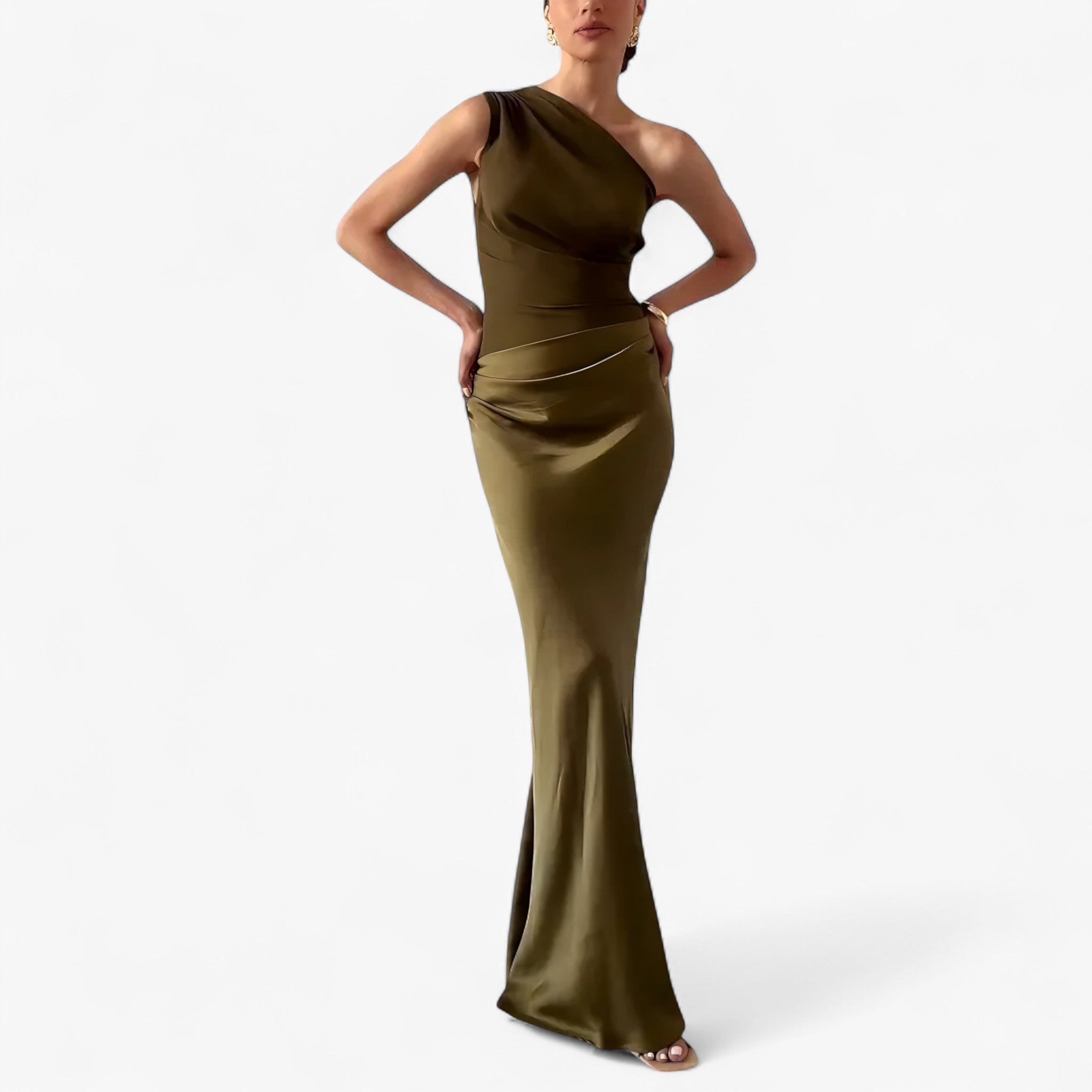 Lucie | Abito Donna Maxi Elegante Asimmetrico - Verde scuro - abito da cerimonia abito da matrimonio abito elegante da donna abito maxi elegante abito spalla unica moda donna elegante vestito asimmetrico vestito con pieghe vestito per eventi vestito versatile - Concept Palermo