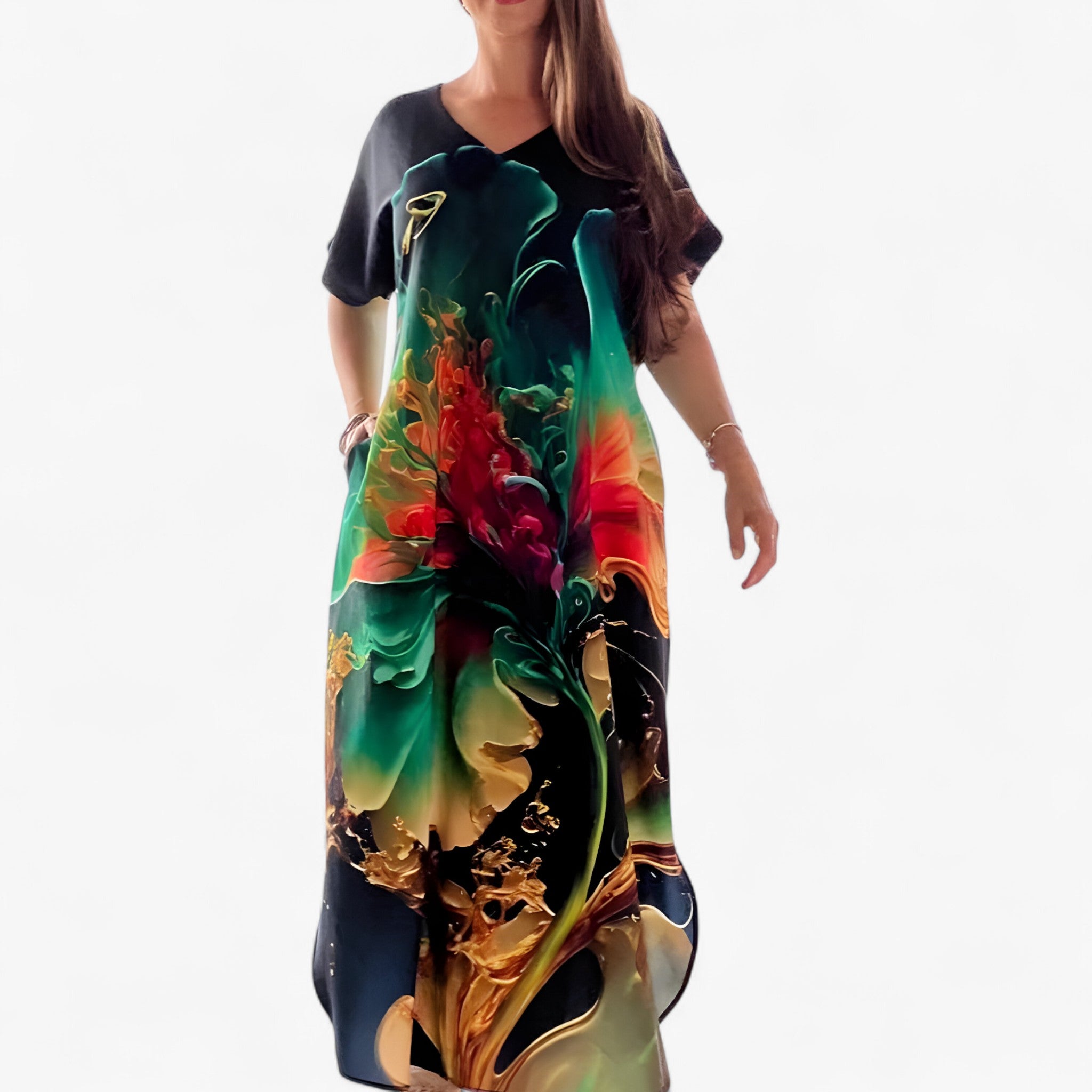 Felicia | Abito Donna V-Ausschnitt Casual in Tessuto Morbido - Verde - abiti stampati abiti taglie forti abito casual donna abito estivo elegante abito per ogni silhouette collezione abiti ampi stile casual chic tessuto morbido vestibilità ampia vestito con V-Ausschnitt - Concept Palermo