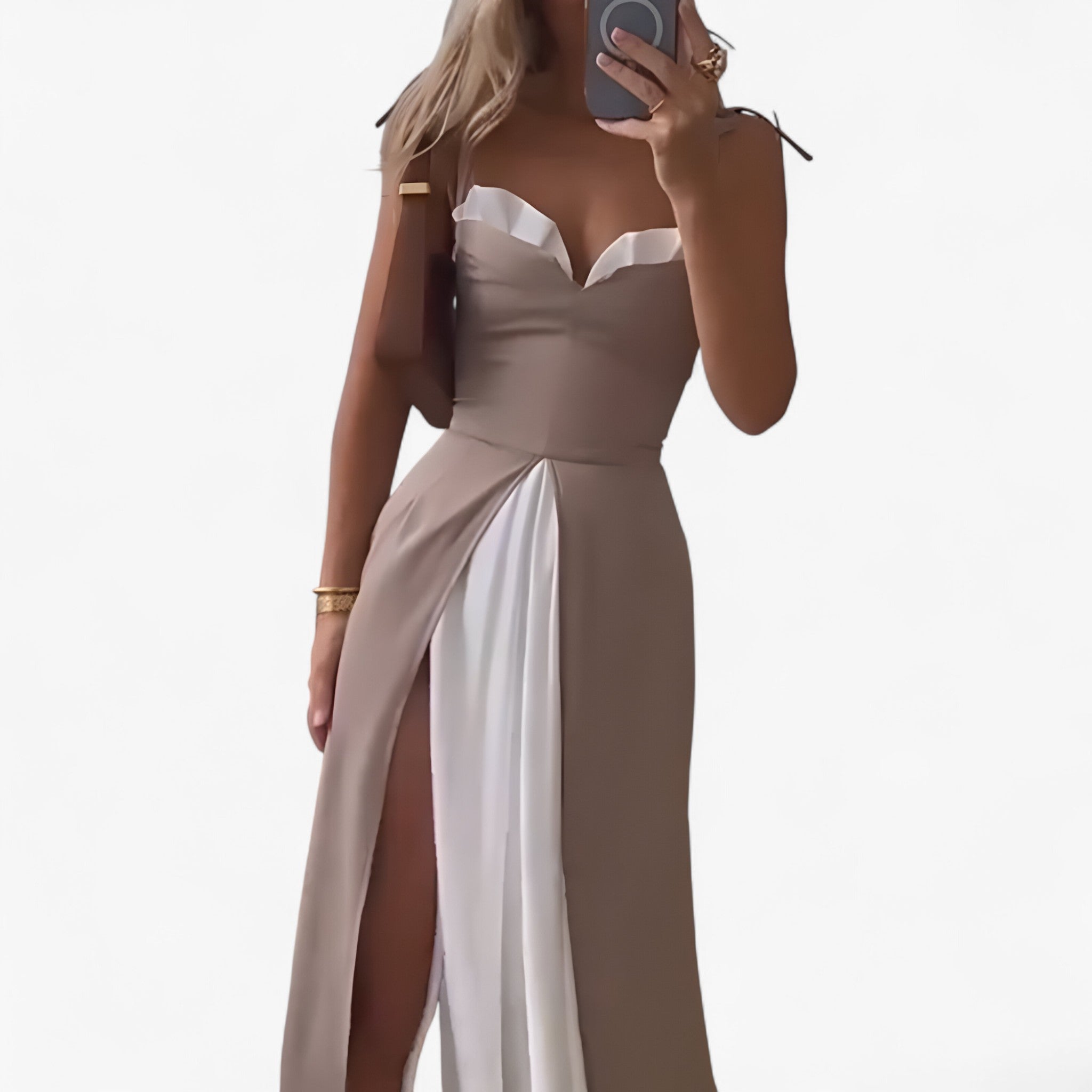 Beatrice | Abito Lungo Senza Maniche in Poliestere - - abbigliamento per eventi abito estivo abito lungo abito plissettato abito senza maniche design a blocchi di colore moda femminile taglio sottile in vita vestito elegante vestito versatile - Concept Palermo