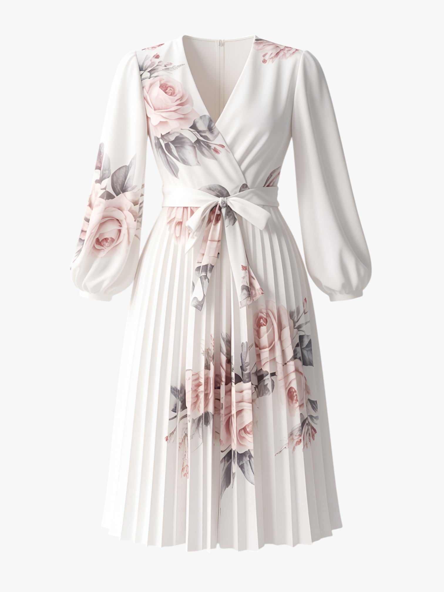 Agnes | Abito Donna Elegante Bianco - - abito bianco abito elegante abito estivo abito lungo abito versatile cintura regolabile maniche lunghe scollo a V stampa floreale vestito da cerimonia - Concept Palermo