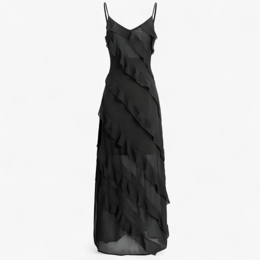 Grace | Abito lungo con spalline sottili e volant a strati - Nera - DRESS Dresses female dress Maxi Dresses Mini Dresses - Concept Palermo