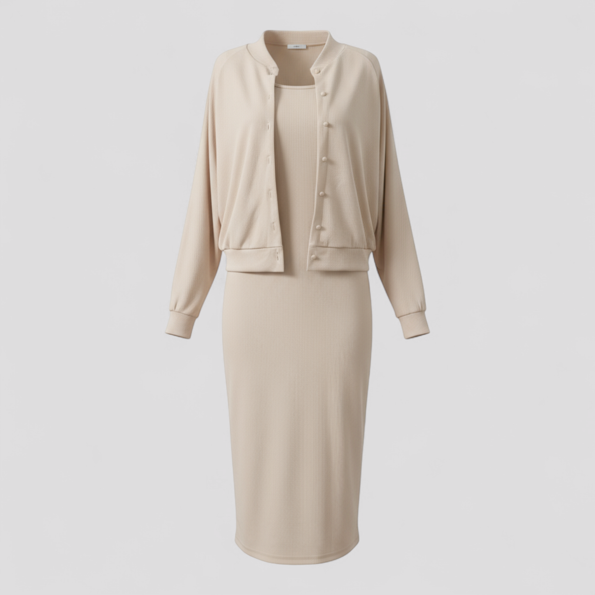Acadia | Abito Midi Elegante con Cardigan Abbinato - Beige - abbigliamento casual abito midi abito versatile cardigan elegante moda femminile outfit formale stile comodo tessuto di alta qualità - Concept Palermo