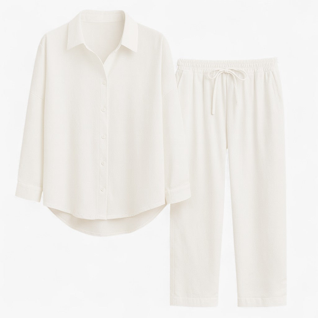 Beth | Completo Estivo Elegante in Lino e Cotone - Bianco - abbigliamento comodo abbigliamento traspirante abiti in lino camicia casual completo estivo moda rilassata outfit estivo pantaloni larghi set in lino e cotone stile naturale - Concept Palermo