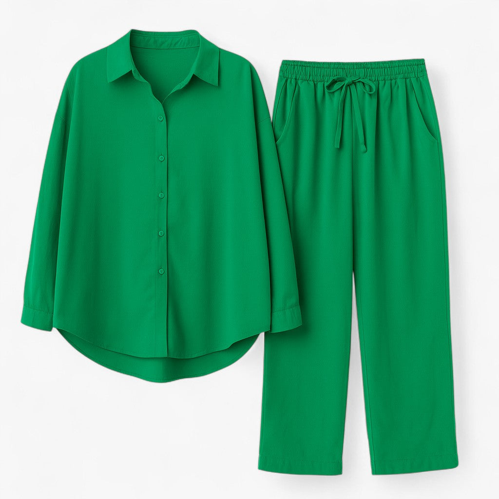 Beth | Completo Estivo Elegante in Lino e Cotone - Verde - abbigliamento comodo abbigliamento traspirante abiti in lino camicia casual completo estivo moda rilassata outfit estivo pantaloni larghi set in lino e cotone stile naturale - Concept Palermo