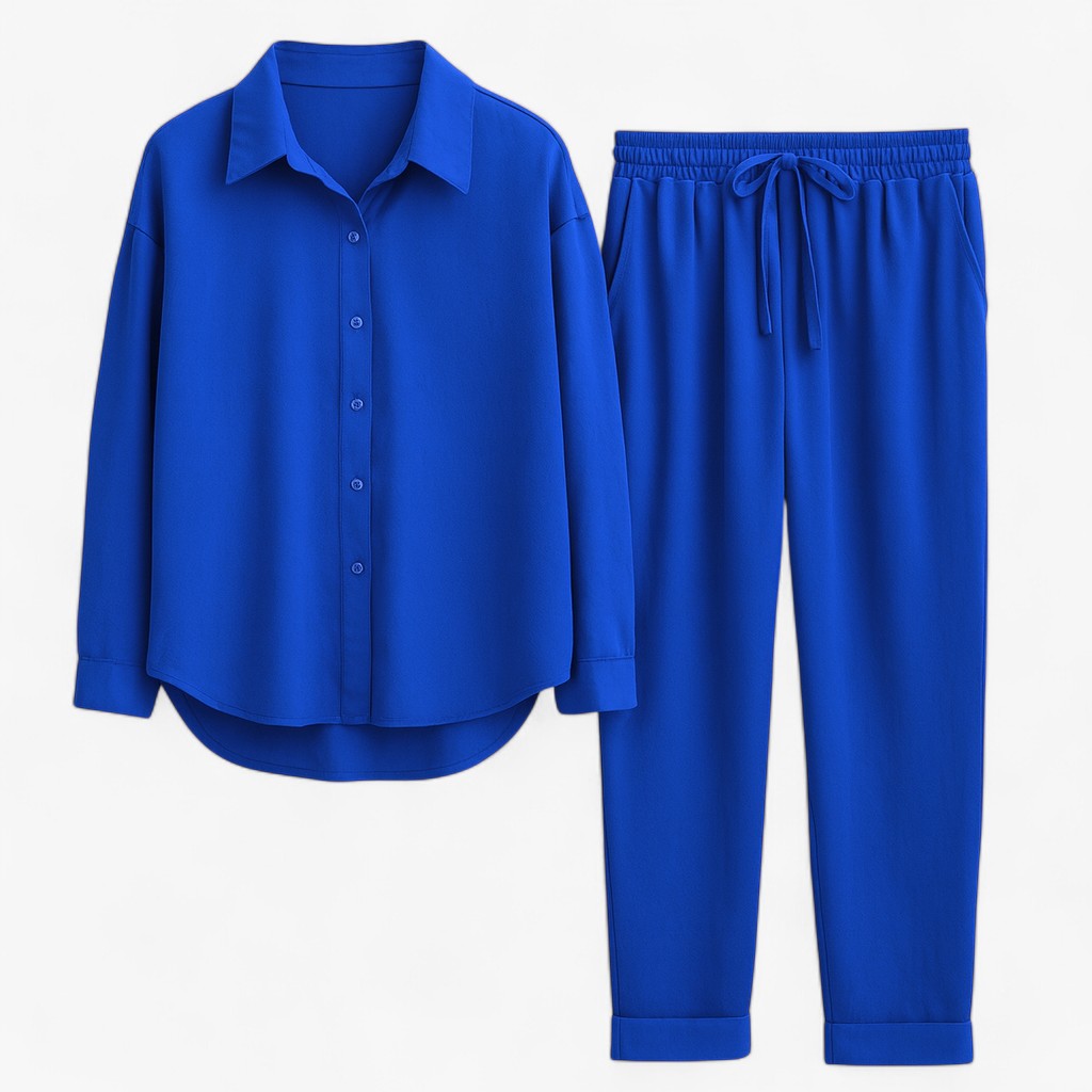 Beth | Completo Estivo Elegante in Lino e Cotone - Blu scuro - abbigliamento comodo abbigliamento traspirante abiti in lino camicia casual completo estivo moda rilassata outfit estivo pantaloni larghi set in lino e cotone stile naturale - Concept Palermo