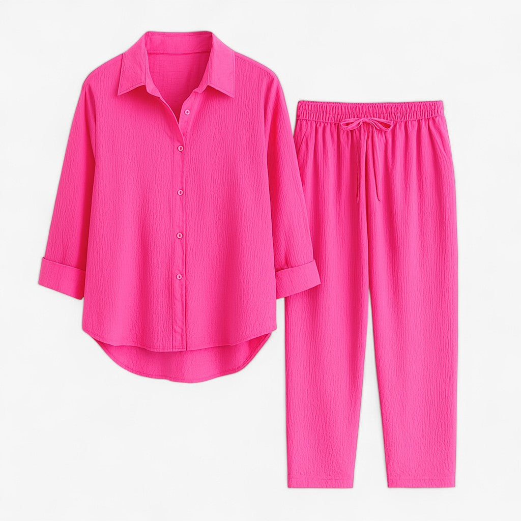 Beth | Completo Estivo Elegante in Lino e Cotone - Rosa - abbigliamento comodo abbigliamento traspirante abiti in lino camicia casual completo estivo moda rilassata outfit estivo pantaloni larghi set in lino e cotone stile naturale - Concept Palermo