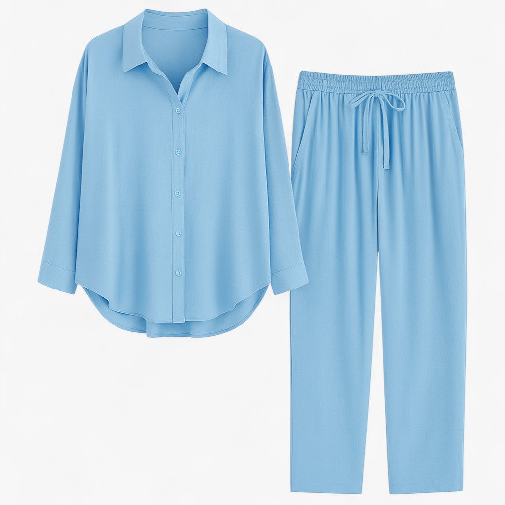Beth | Completo Estivo Elegante in Lino e Cotone - Azzurro - abbigliamento comodo abbigliamento traspirante abiti in lino camicia casual completo estivo moda rilassata outfit estivo pantaloni larghi set in lino e cotone stile naturale - Concept Palermo
