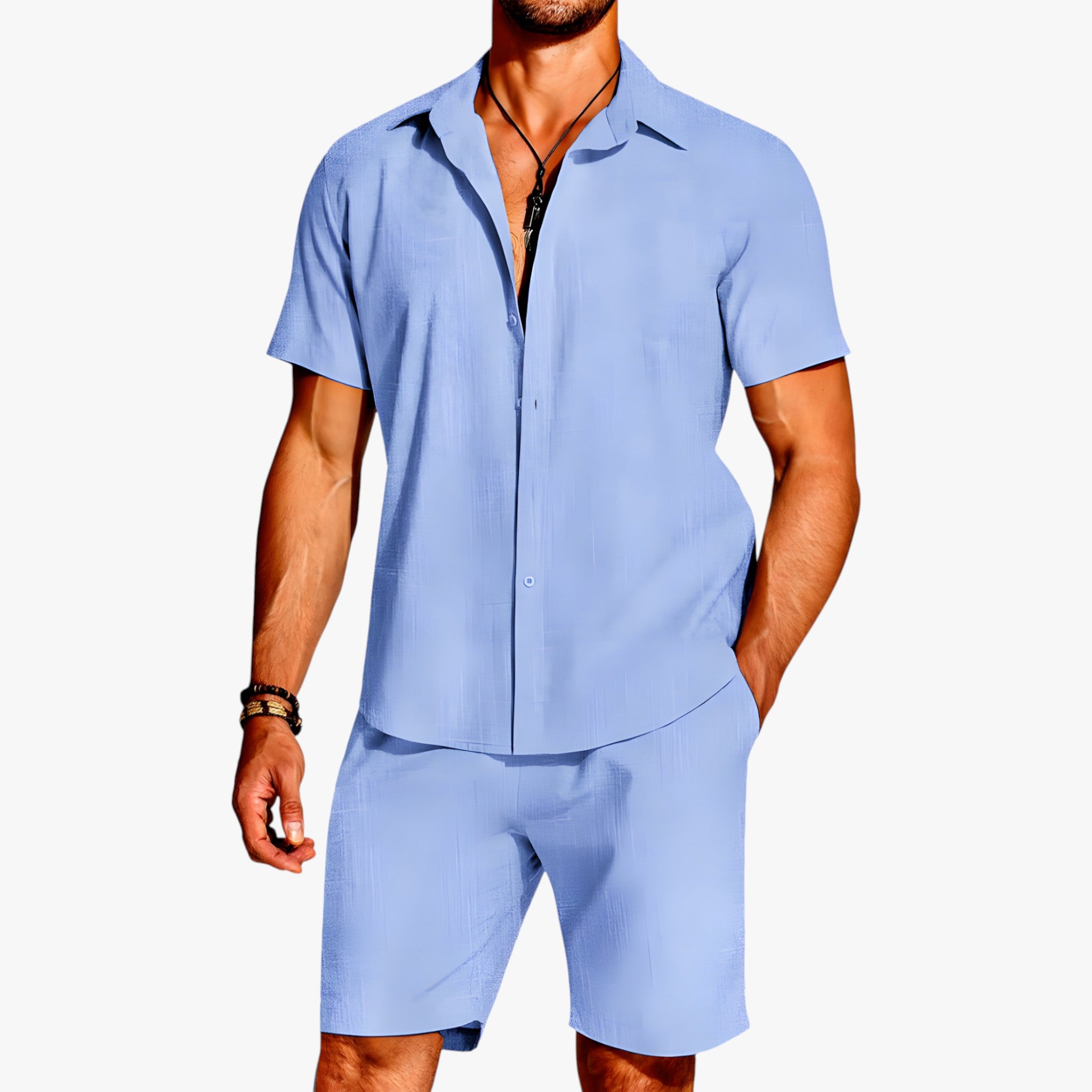 Simone | Breeze Set 2 Pezzi – Il Look Perfetto per Ogni Occasione - Blu - 2-delt sett Breeze sett Casuell antrekk Casuell klær Frisk hele dagen Fukttransporterende Komfortabelt antrekk Komfortabelt sett Krageskjorte Lettvekts sett Matchende shorts Mote sett Pustende stoff Sommerantrekk Stilig sett Uanstrengt stil Uanstrengt utseende Utendørs klær - Concept Palermo
