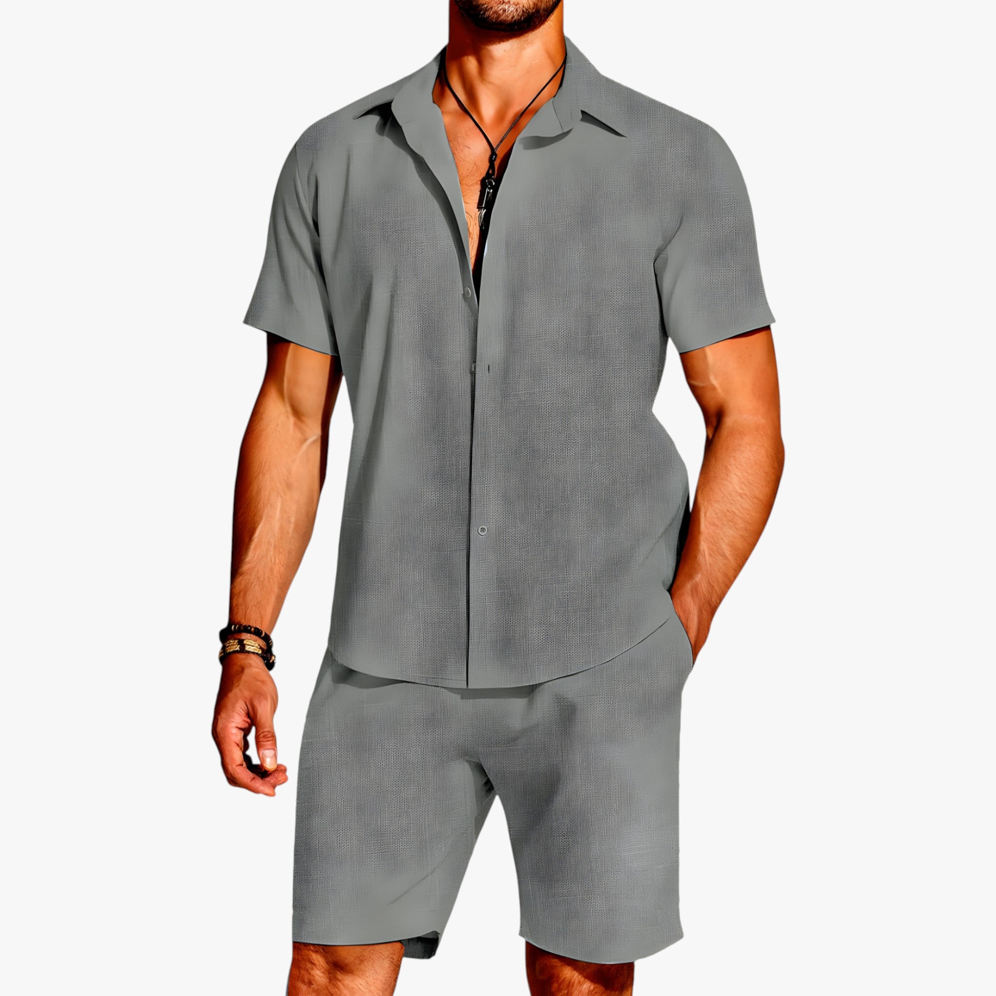 Simone | Breeze Set 2 Pezzi – Il Look Perfetto per Ogni Occasione - Grigio - 2-delt sett Breeze sett Casuell antrekk Casuell klær Frisk hele dagen Fukttransporterende Komfortabelt antrekk Komfortabelt sett Krageskjorte Lettvekts sett Matchende shorts Mote sett Pustende stoff Sommerantrekk Stilig sett Uanstrengt stil Uanstrengt utseende Utendørs klær - Concept Palermo