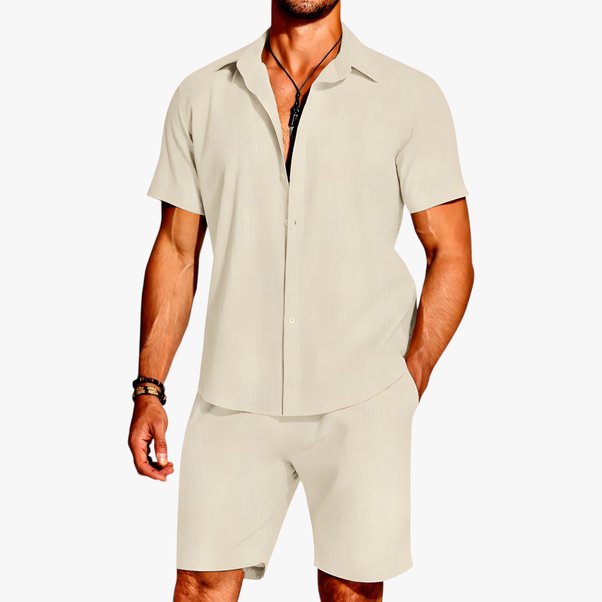 Simone | Breeze Set 2 Pezzi – Il Look Perfetto per Ogni Occasione - Khaki - 2-delt sett Breeze sett Casuell antrekk Casuell klær Frisk hele dagen Fukttransporterende Komfortabelt antrekk Komfortabelt sett Krageskjorte Lettvekts sett Matchende shorts Mote sett Pustende stoff Sommerantrekk Stilig sett Uanstrengt stil Uanstrengt utseende Utendørs klær - Concept Palermo