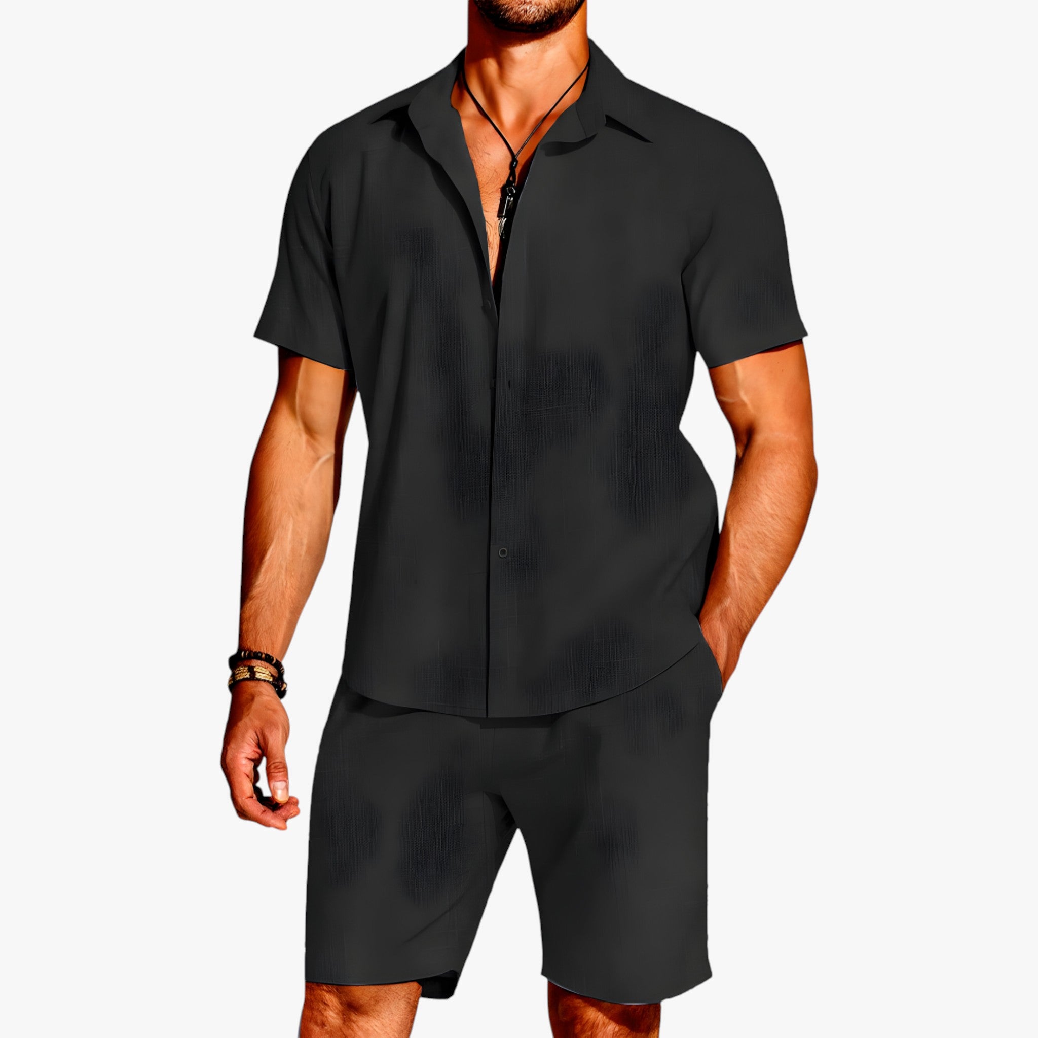 Simone | Breeze Set 2 Pezzi – Il Look Perfetto per Ogni Occasione - Nero - 2-delt sett Breeze sett Casuell antrekk Casuell klær Frisk hele dagen Fukttransporterende Komfortabelt antrekk Komfortabelt sett Krageskjorte Lettvekts sett Matchende shorts Mote sett Pustende stoff Sommerantrekk Stilig sett Uanstrengt stil Uanstrengt utseende Utendørs klær - Concept Palermo
