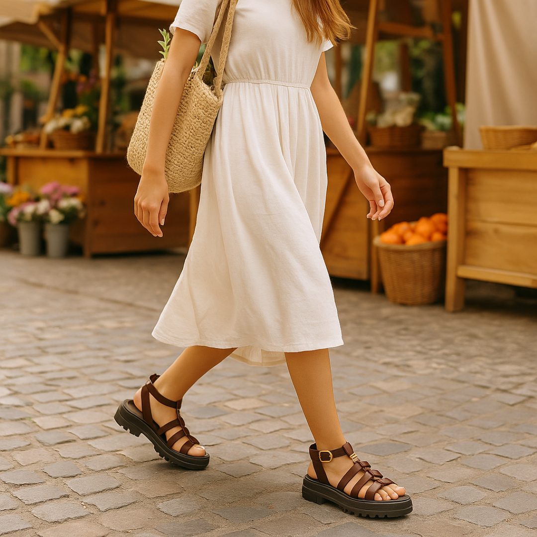 Maggie | Sandalo gladiatore marrone con fibbia dorata e suola comoda - - Accessoires Dames Sandalen Schoenen - Concept Palermo