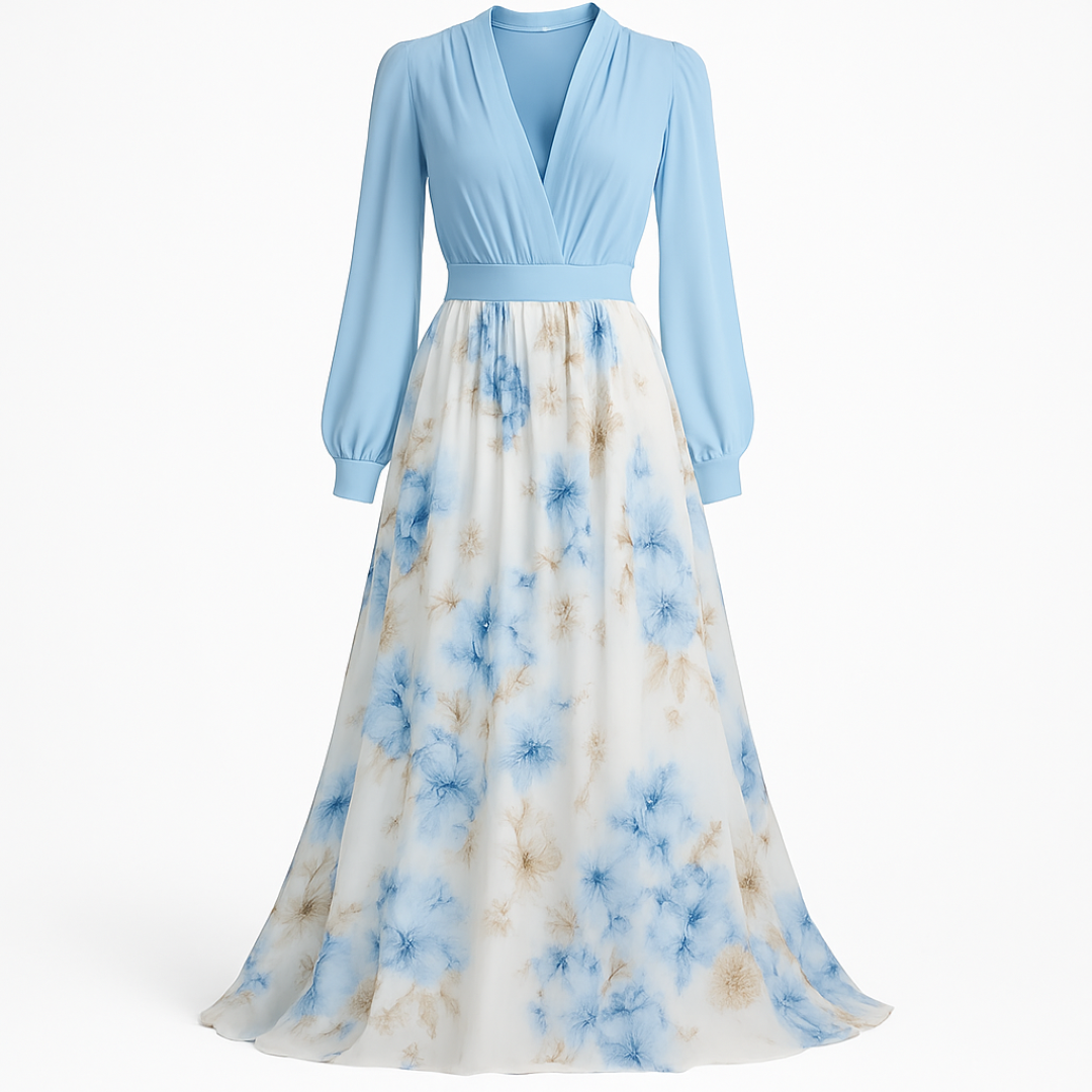 Cloe | Elegante abito lungo con maniche leggere e gonna floreale - azzurro chiaro e bianco floreale - casual dresses DRESS floral dresses Maxi Dresses - Concept Palermo