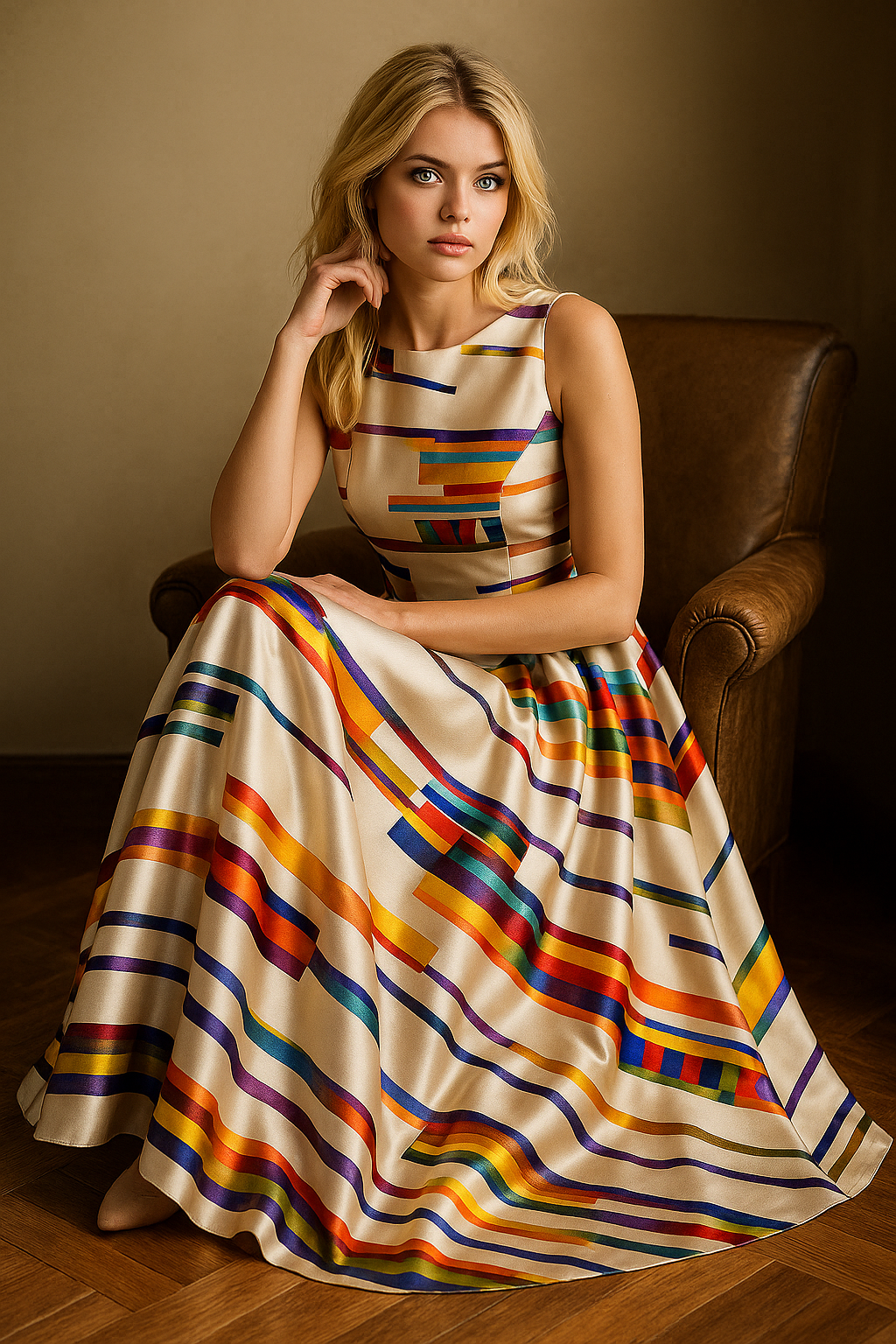 Fiorella | Abito midi da donna con stampa astratta colorata e gonna a pieghe a trapezio - - casual dress casual dresses DRESS Dresses female dress Maxi dress Maxi Dresses - Concept Palermo
