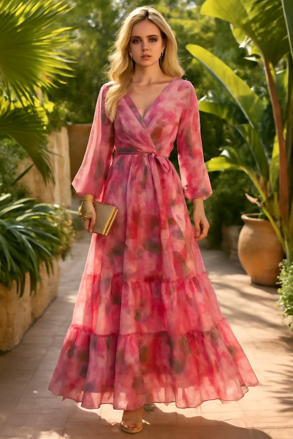 Rafaella | Eleganza floreale: abito lungo rosa a strati con cintura in vita - - DRESS Dresses female dress Maxi Dresses - Concept Palermo