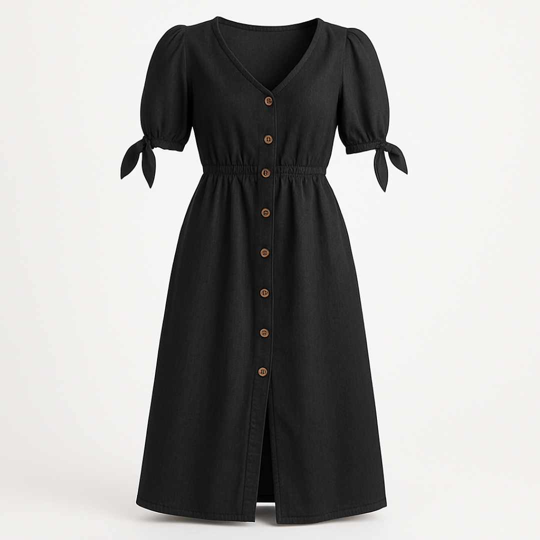 Charlotte | Abito midi con maniche a sbuffo e bottoni in legno - Nero - Dresses female dress Going out dress - Concept Palermo