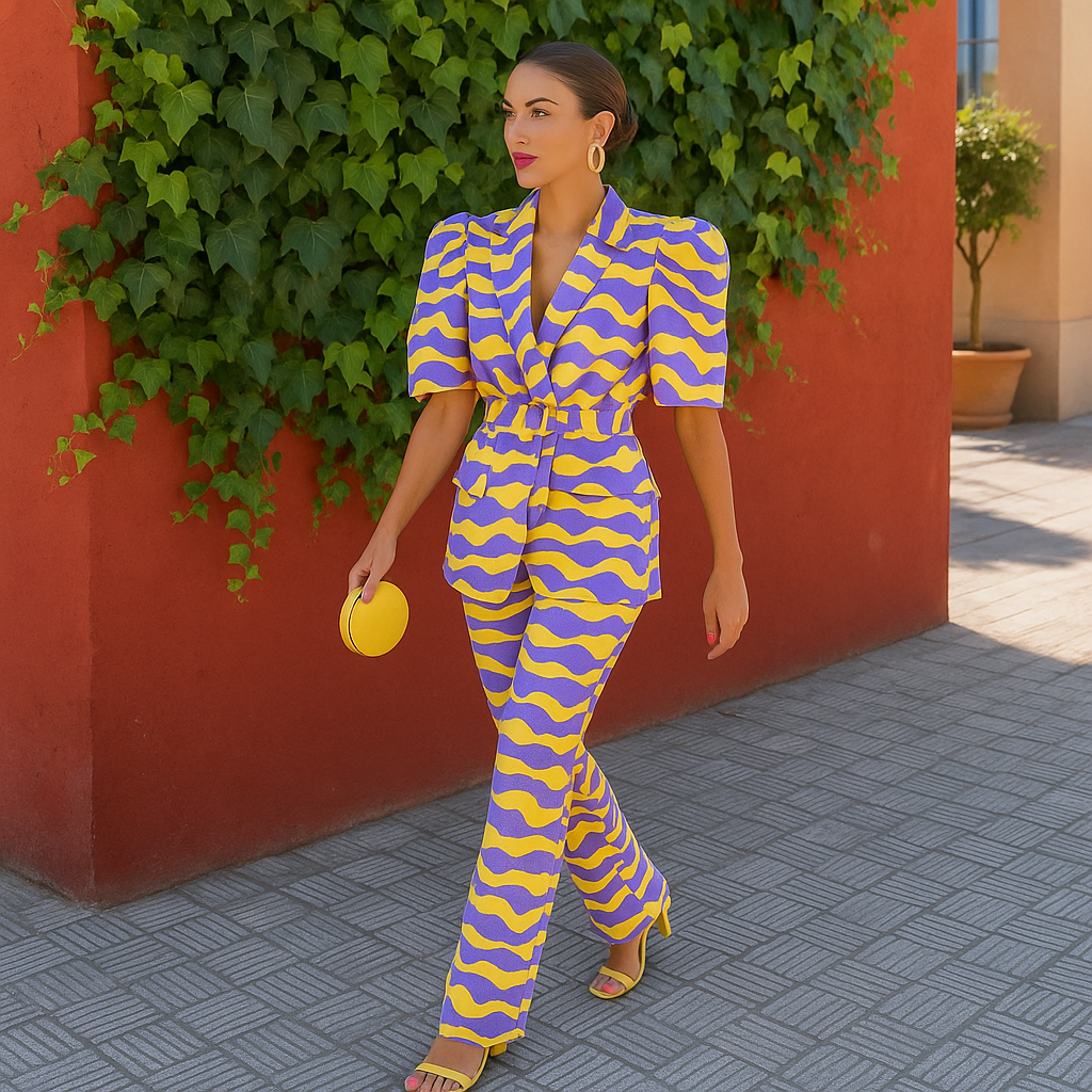 Beatrix | Completo Solara con maniche a sbuffo e stampa astratta viola e gialla - - Sets Woman - Concept Palermo