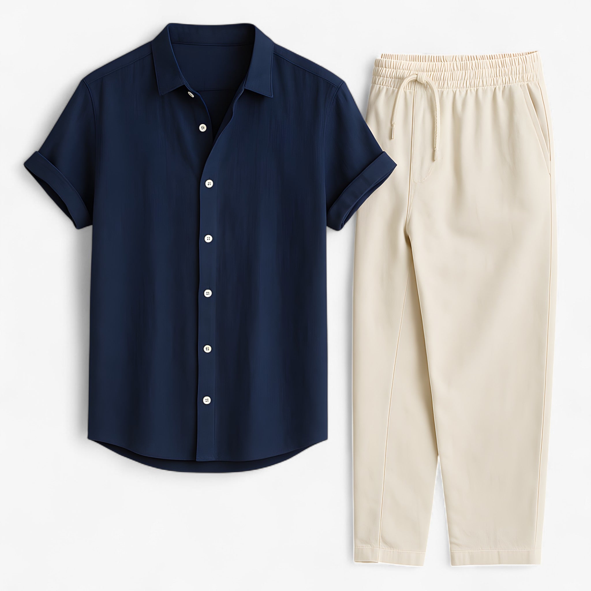 Maxim | Camicia e pantaloni in lino dal taglio rilassato – Raffinatezza traspirante - Blu marino - Basic beige bestsellers man oud Solid Summer - Concept Palermo
