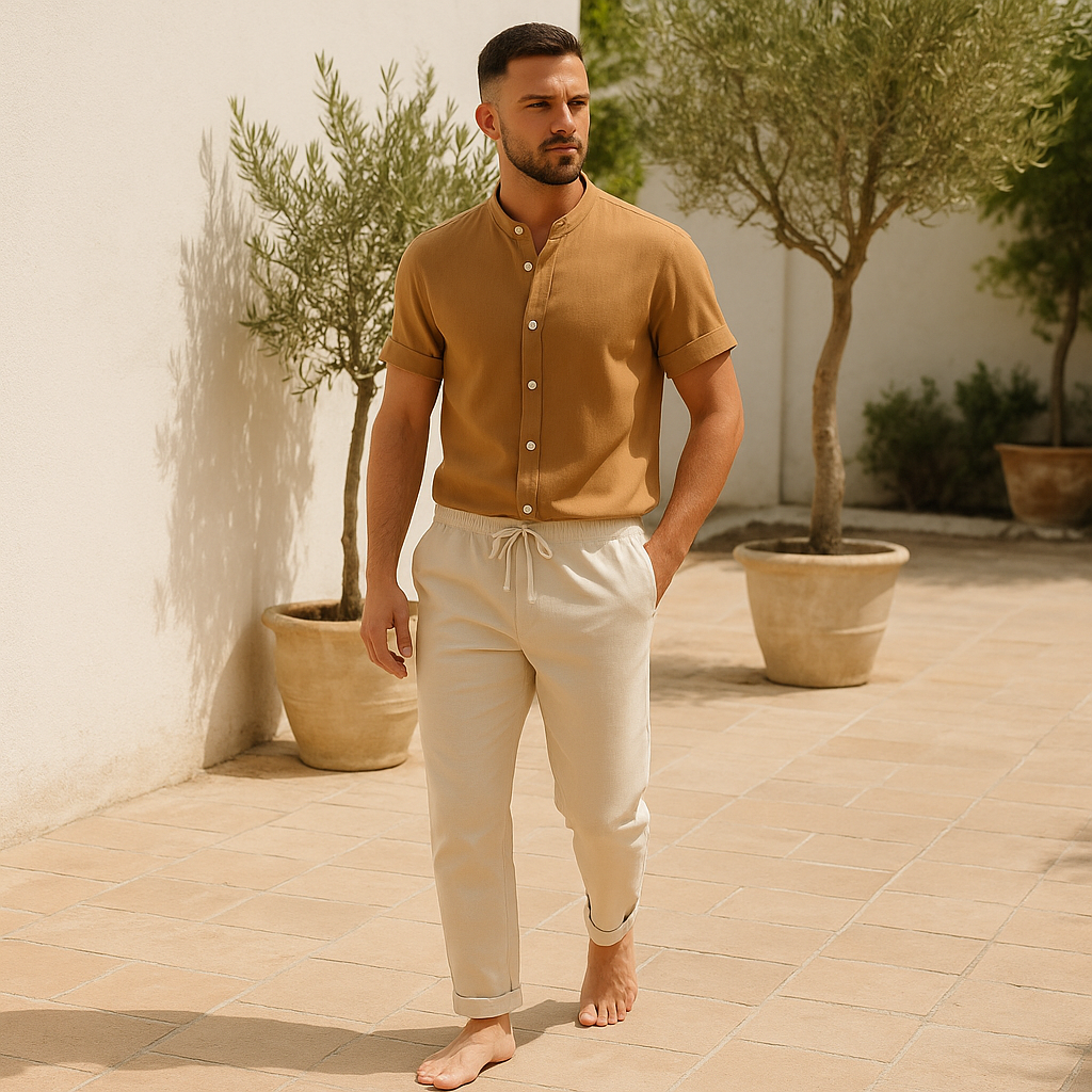 Maxim | Camicia e pantaloni in lino dal taglio rilassato – Raffinatezza traspirante - - Basic beige bestsellers man oud Solid Summer - Concept Palermo
