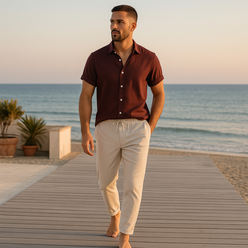 Maxim | Camicia e pantaloni in lino dal taglio rilassato – Raffinatezza traspirante - - Basic beige bestsellers man oud Solid Summer - Concept Palermo