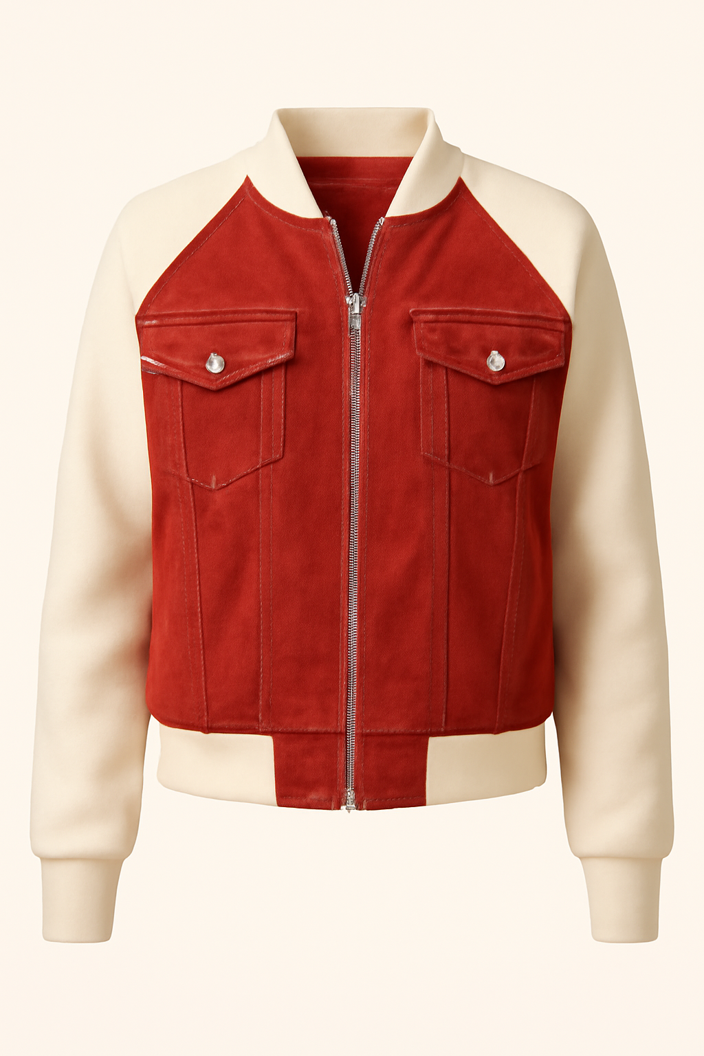 Lucy | Giacca in denim color-block alla moda con comode maniche in maglia - Rosso - Jackets & Coats Outerwear & Jackets vrouwentops Women jackets - Concept Palermo