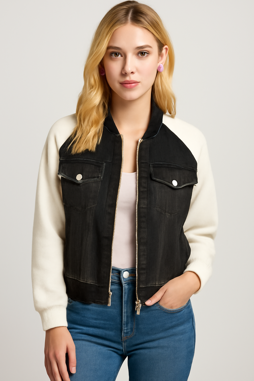 Lucy | Giacca in denim color-block alla moda con comode maniche in maglia - - Jackets & Coats Outerwear & Jackets vrouwentops Women jackets - Concept Palermo