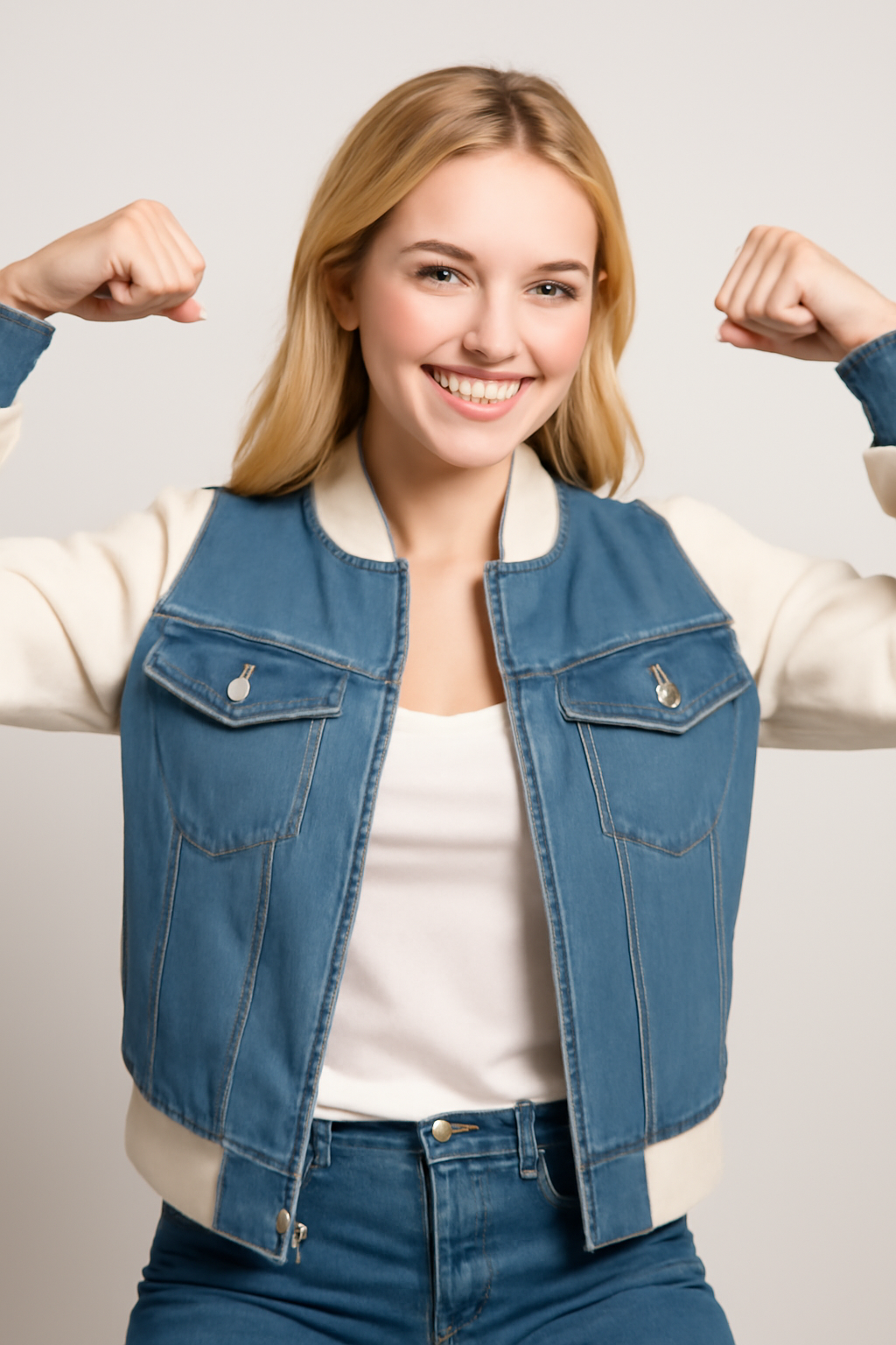 Lucy | Giacca in denim color-block alla moda con comode maniche in maglia - - Jackets & Coats Outerwear & Jackets vrouwentops Women jackets - Concept Palermo
