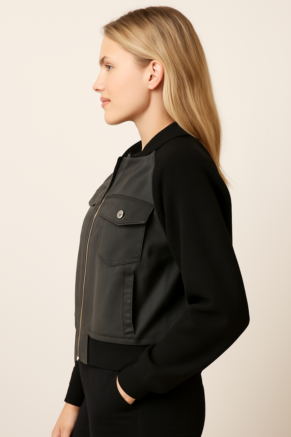 Lucy | Giacca in denim color-block alla moda con comode maniche in maglia - - Jackets & Coats Outerwear & Jackets vrouwentops Women jackets - Concept Palermo