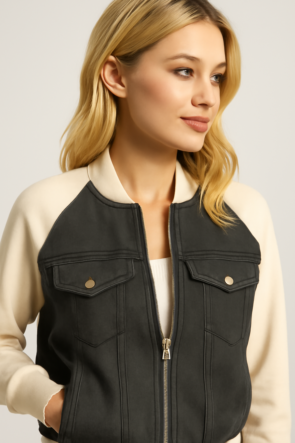 Lucy | Giacca in denim color-block alla moda con comode maniche in maglia - - Jackets & Coats Outerwear & Jackets vrouwentops Women jackets - Concept Palermo