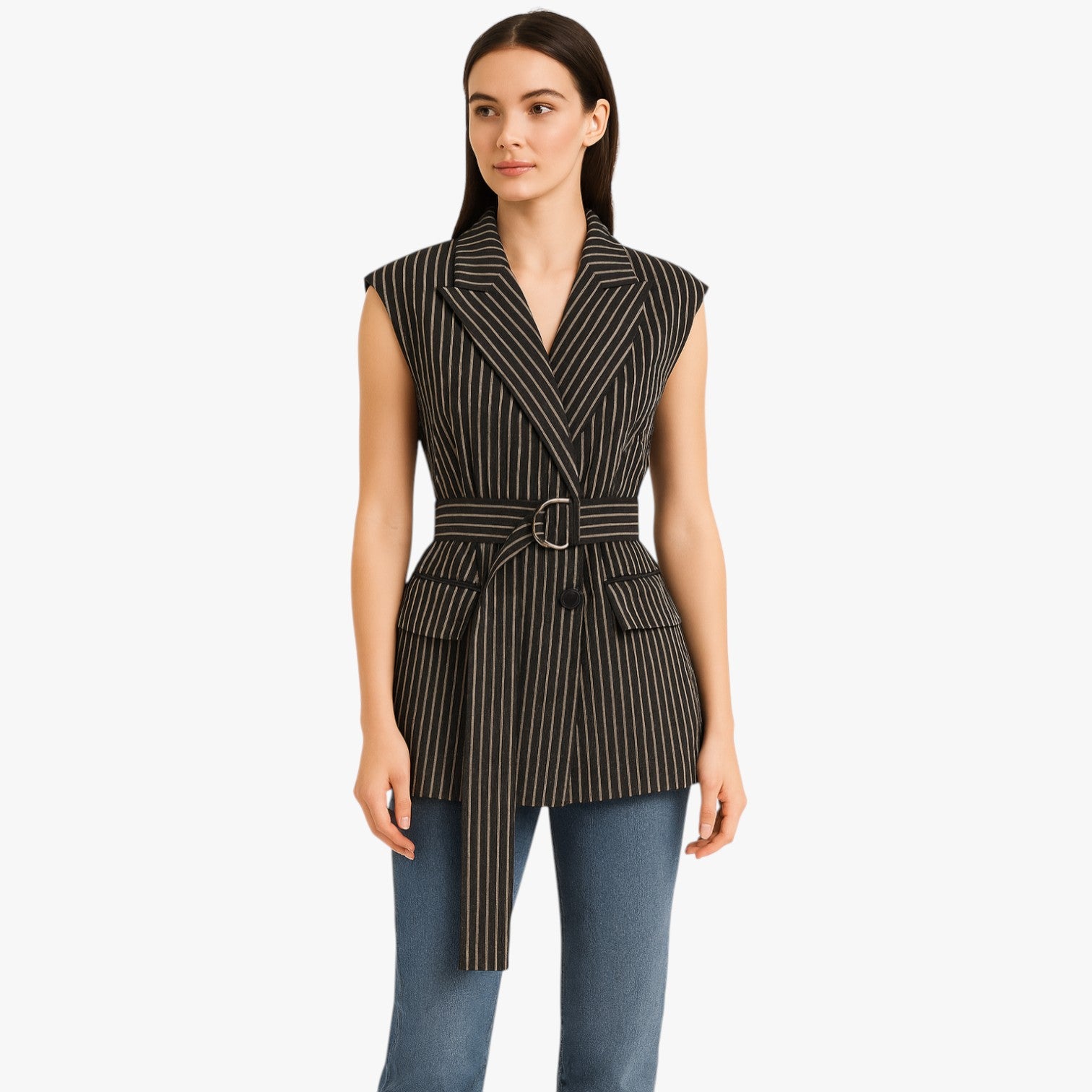 Claire | Gilet lungo a righe con cintura in misto cotone - - clothes outerwear regular sleeveless slight stretch vests women women clothes women's clothes - Concept Palermo