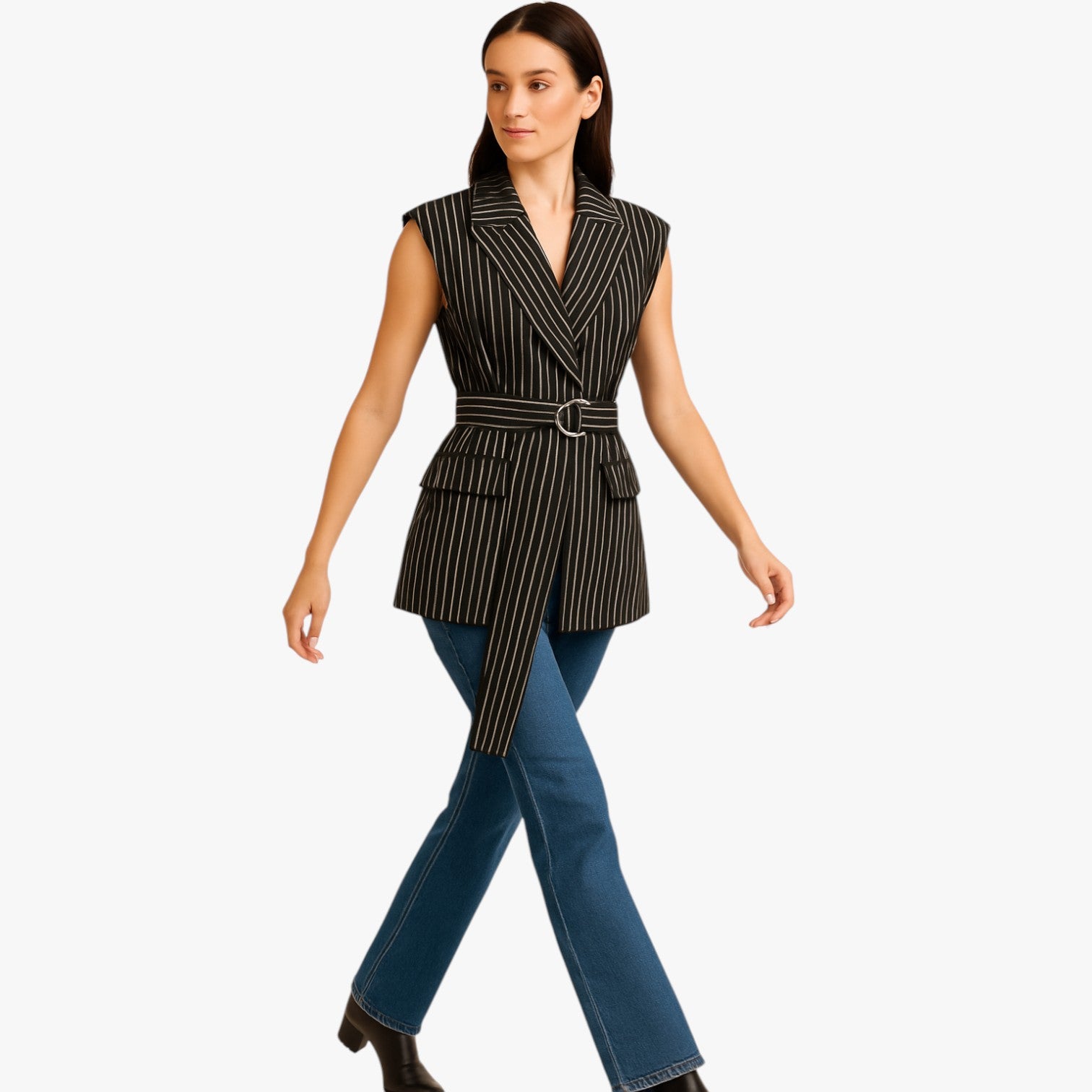 Claire | Gilet lungo a righe con cintura in misto cotone - - clothes outerwear regular sleeveless slight stretch vests women women clothes women's clothes - Concept Palermo