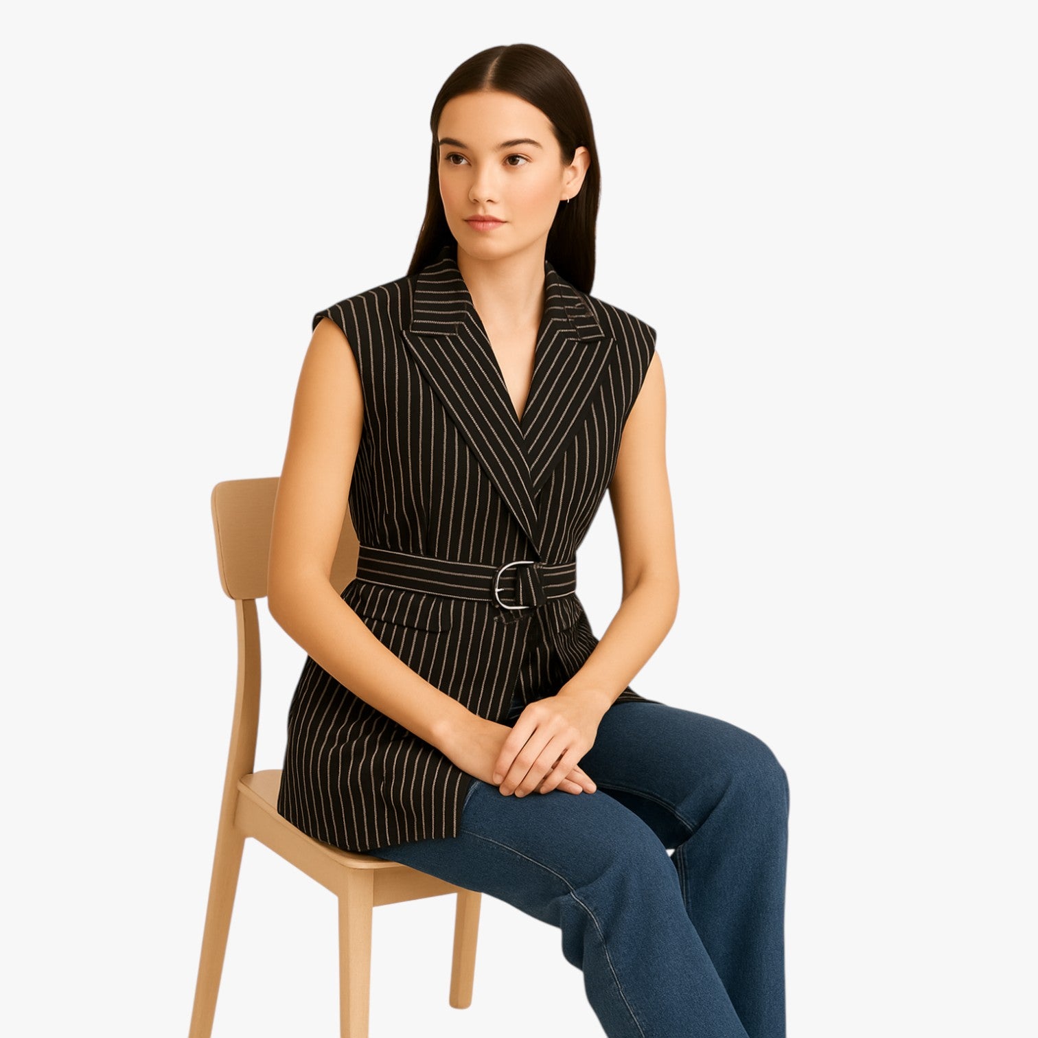 Claire | Gilet lungo a righe con cintura in misto cotone - - clothes outerwear regular sleeveless slight stretch vests women women clothes women's clothes - Concept Palermo