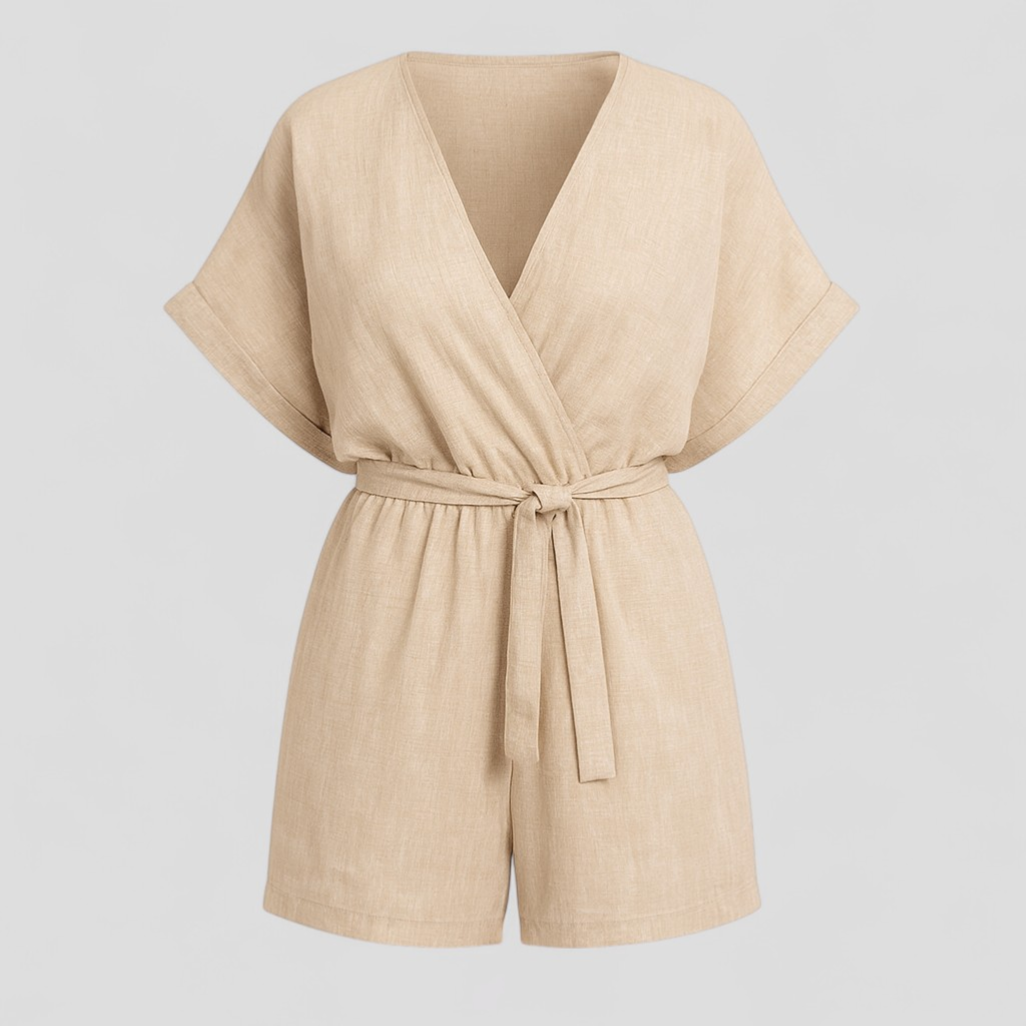Martina | Jumpsuit Estivo in Lino per Donna - Beige - abbigliamento estivo cintura in vita design raffinato elegante forte freschezza lino look casual maniche corte occasioni informali playsuit estivo versatile - Concept Palermo