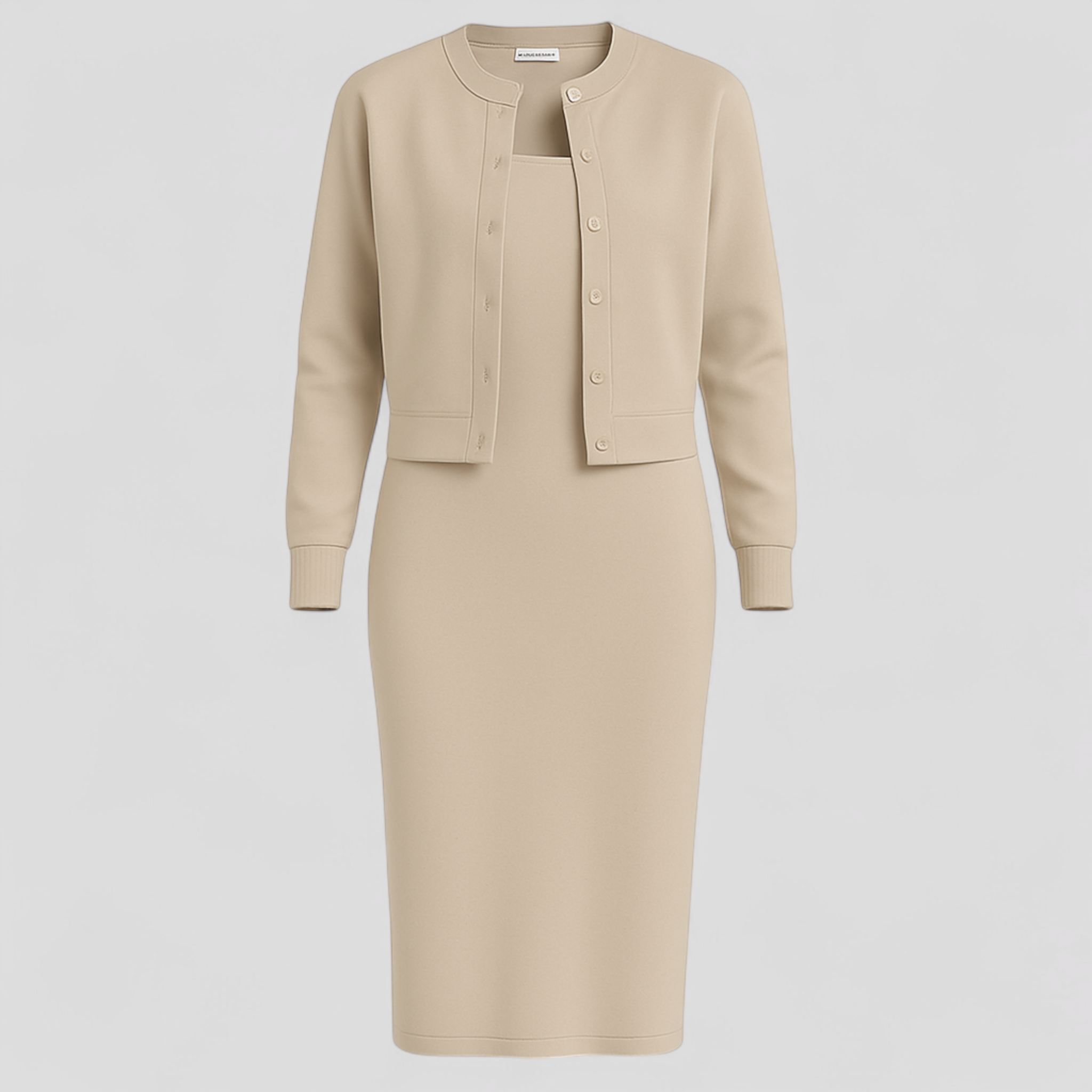 Acadia | Abito Midi Elegante con Cardigan Abbinato - Beige - abbigliamento casual abito midi abito versatile cardigan elegante moda femminile outfit formale stile comodo tessuto di alta qualità - Concept Palermo