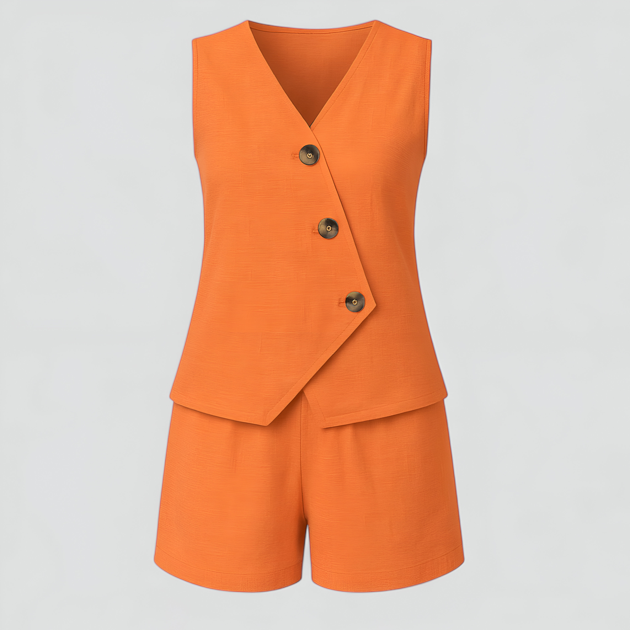 Aiko | Set Donna Elegante con Top a V e Pantaloni Corti - Arancione - abbigliamento estivo abbigliamento per tempo libero design versatile moda comoda outfit casual pantaloni corti set due pezzi set elegante tessuto traspirante top a V - Concept Palermo