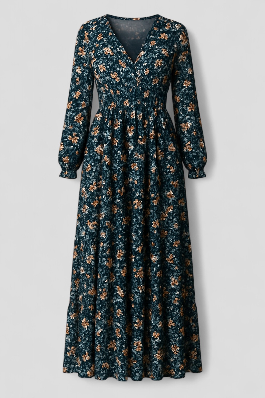 Greta | Abito Maxi Elegante con Motivo Floreale - Blu verde acqua - abito da cerimonia abito floreale abito maxi lunghe abito scollatura a V moda estate 2023 night out dress stile casual elegante tessuto leggero vestito elegante estivo vestito versatile - Concept Palermo