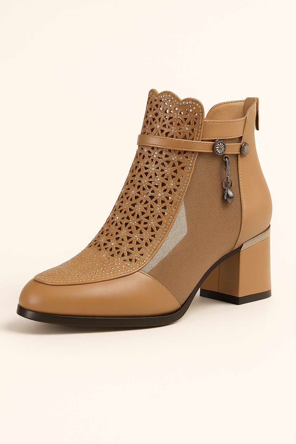 Sabrina | Stivaletti estivi traforati con tacco medio e dettagli gioiello - Marrone - BOOTS Boots & Shoes - Concept Palermo
