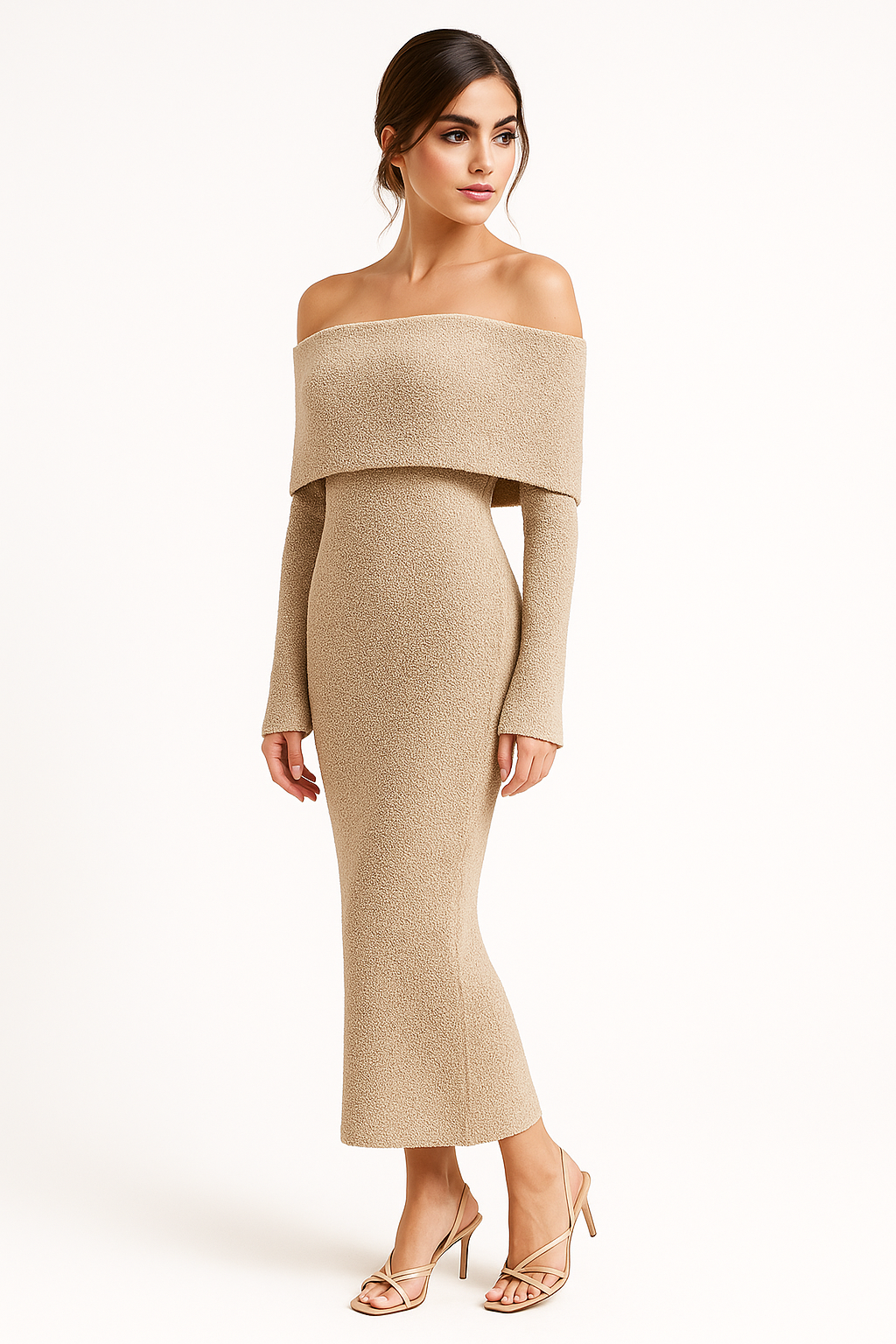 Bridget | Abito midi a maglia bouclé senza spalline in taupe