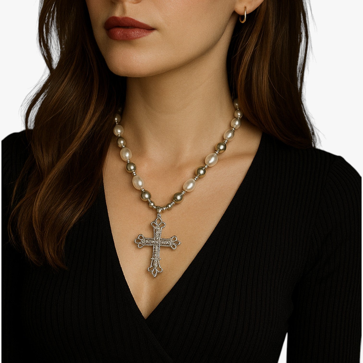 Kora | Collana Gotica Elegante con Croce in Cristallo e Perline Barocche - - elegant womens necklaces necklace Necklaces for Women - Concept Palermo