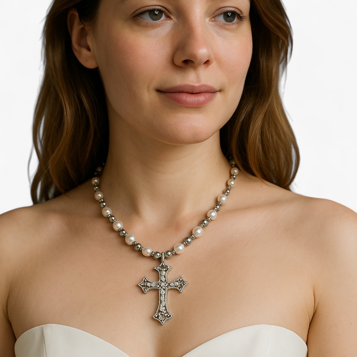 Kora | Collana Gotica Elegante con Croce in Cristallo e Perline Barocche - - elegant womens necklaces necklace Necklaces for Women - Concept Palermo