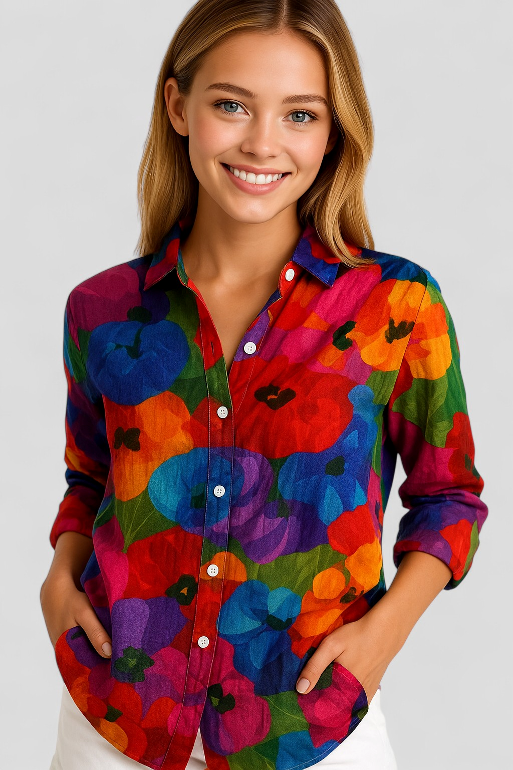 Norah | Blusa Donna Colorata con Stampa Unica - - abbigliamento casual blusa colorata blusa versatile comoda e stilosa gonna e blusa look giocoso moda estiva outfit unico stampa artistica taglie disponibili - Concept Palermo